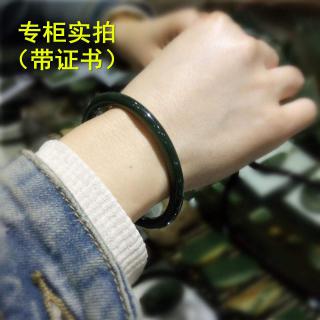 天然新疆和田玉青玉手镯圆条复古风青墨玉细条女